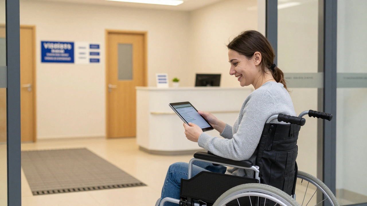 Охоронець у інвалідному кріслі перевіряє пропуски на вході до клініки в Києві.