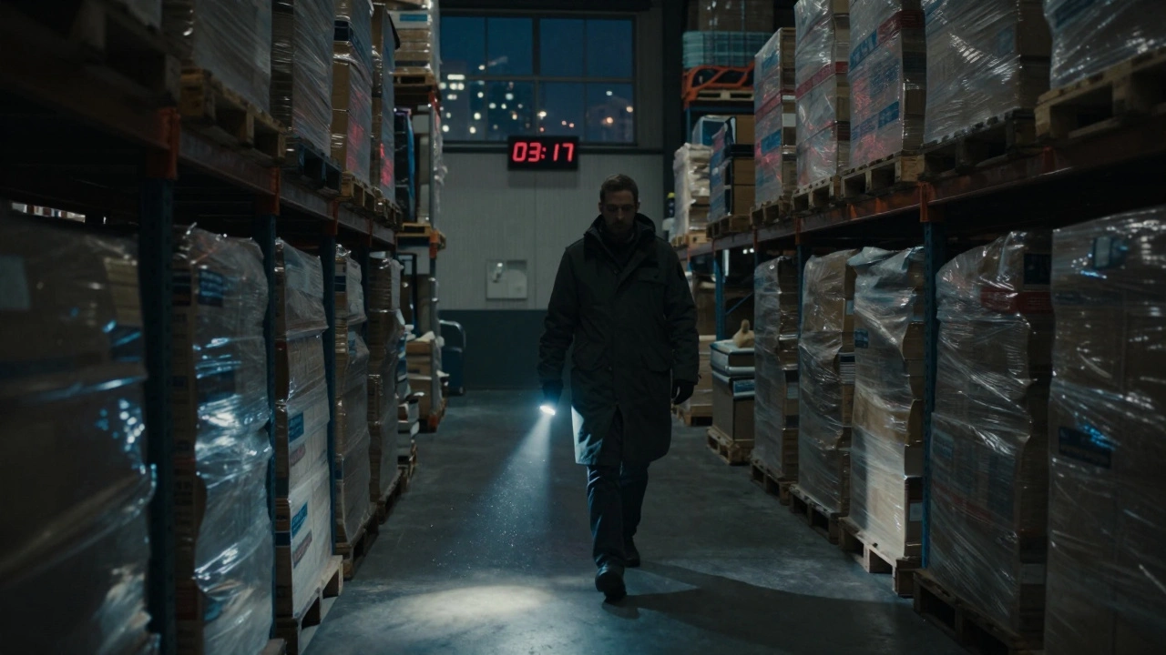 Охранник проходит по складу в 3 часа утра с фонариком в руке.