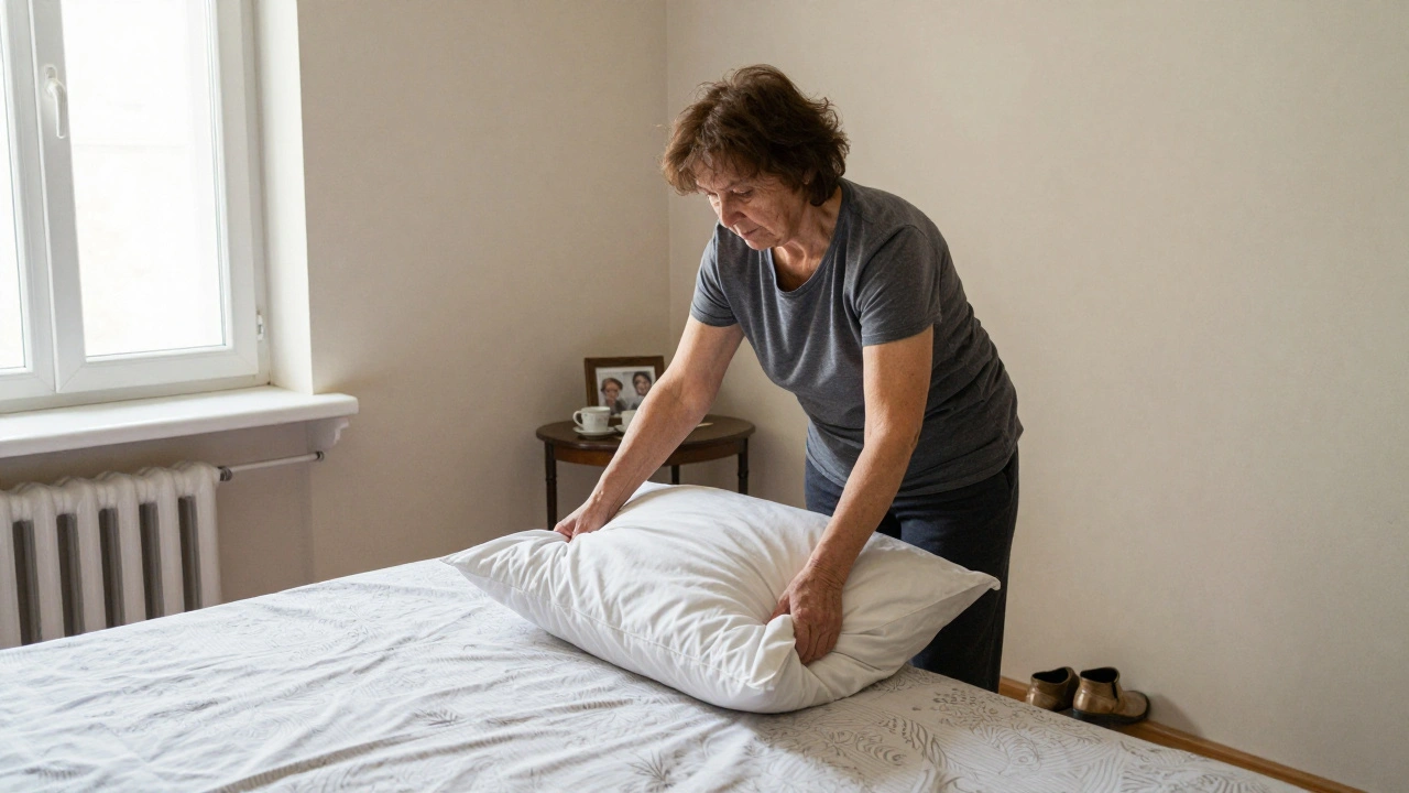 Пенсіонерка змінює постільну білизну в спальні, кімната виглядає затишно і чисто.