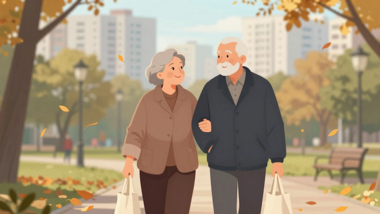 Пожила жінка гуляє з пожилому чоловіком у парку Печерська, тримаючись за руки, у руці сумка з продуктами.