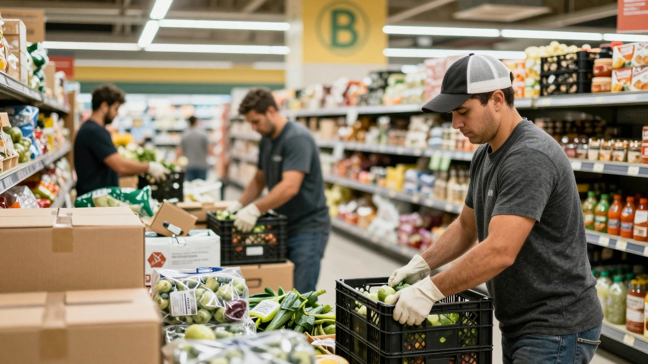 Працівники у супермаркеті швидко фасують овочі під час розпродажу.
