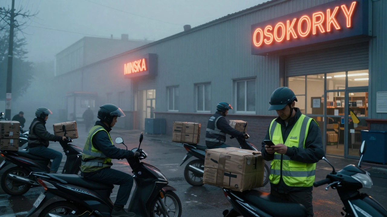 Працівники завантажують посилки на мотоцикли на логістичному центрі в Осокорках.