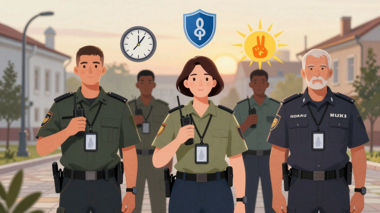 Різні охоронці в Києві — молодий, жінка та дорослий — разом уранці, символізуючи баланс роботи і відпочинку.