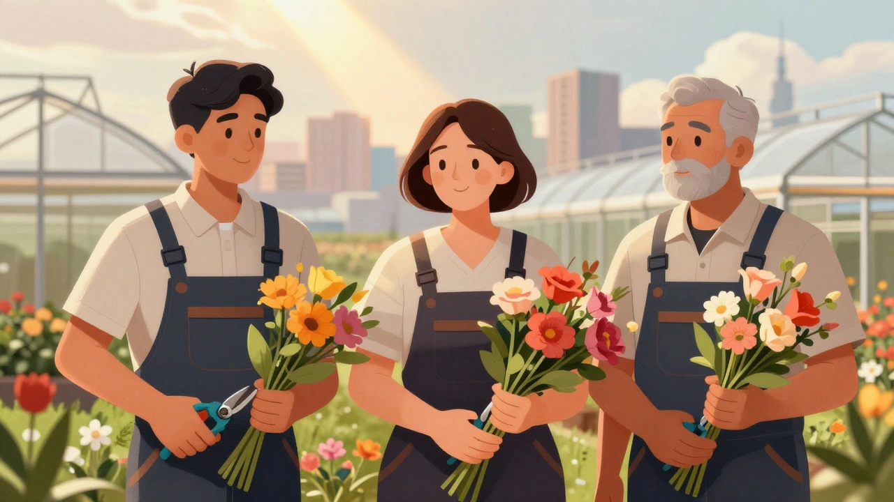 Різні працівники теплиці тримають квіти, сонячне світло падає на їхні руки.