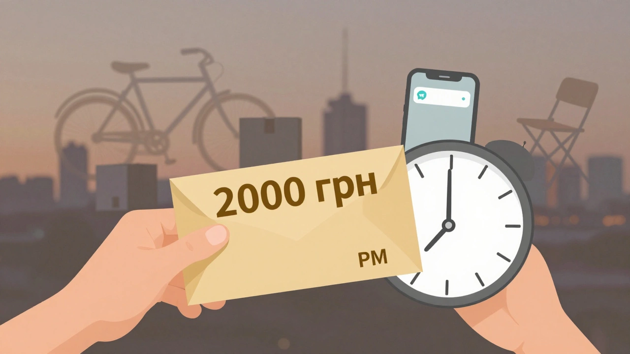 Рука тримає готівку, а навколо — символи роботи: велосипед, коробки, стілець.