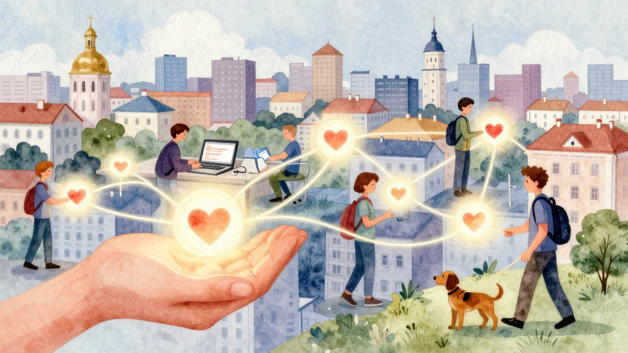 Схема волонтерських зв’язків у Києві: нитки, що з’єднують людей, які допомагають дітям, біженцям і тваринам.