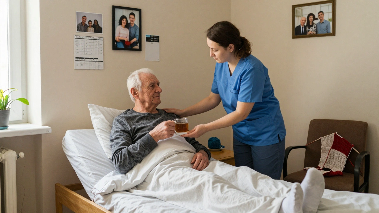 Сиділка допомагає літньому чоловікові сісти на ліжко, на стіні — розклад ліків і сімейне фото, тихий домашній момент.