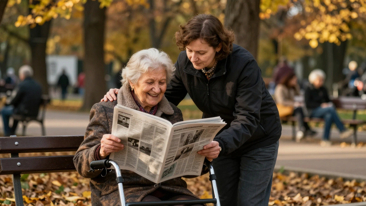 Сиділка і літня жінка сидять на лавочці в парку, жінка читає газету, сиділка лагідно дотикається до її плеча, осіннє сонце.