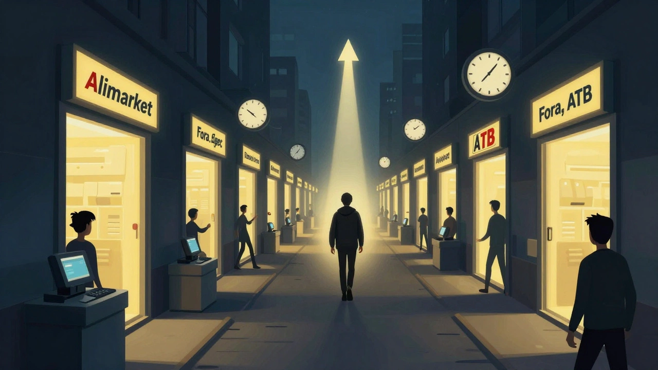 Символічна сцена: людина йде крізь ряд світліших входів магазинів, оточена годинниками та силуетами покупців.