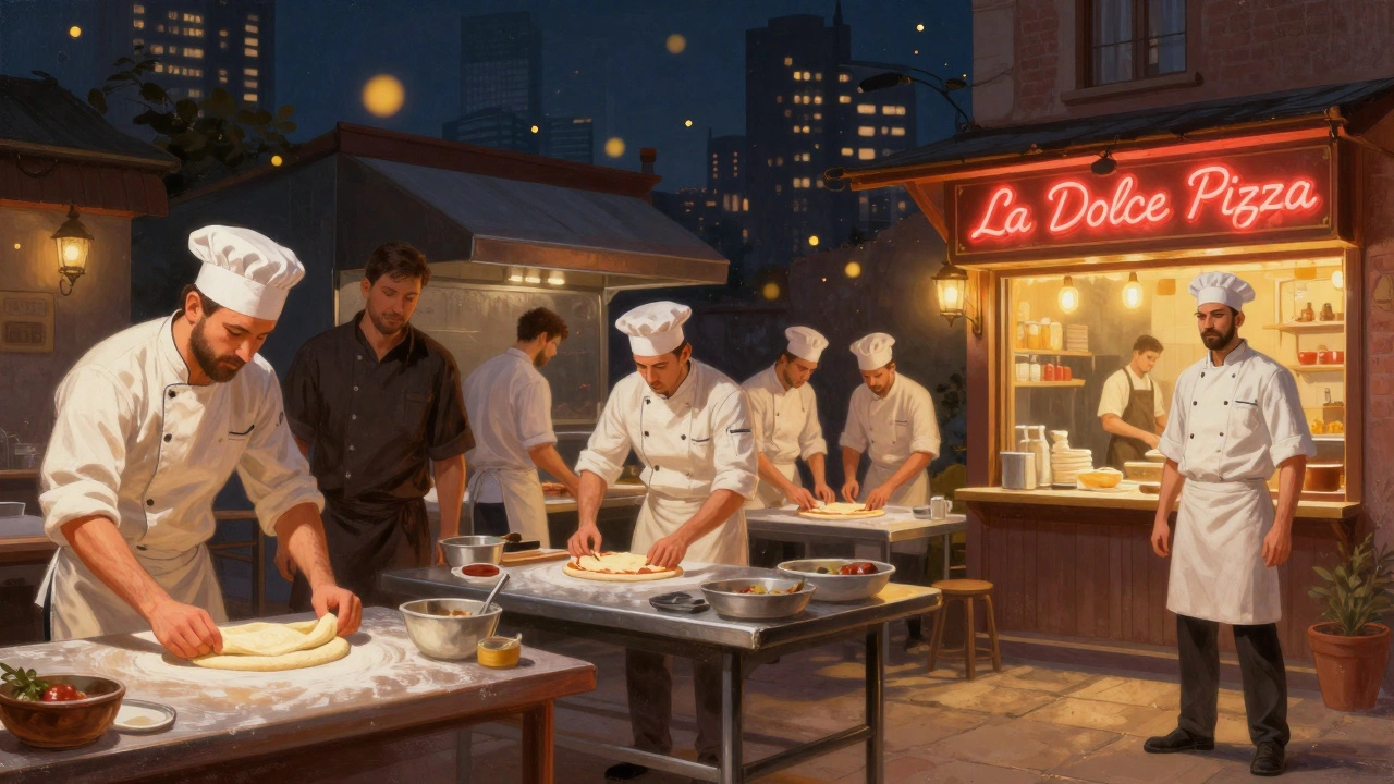 Шлях піццайоло: від новачка до власника піцерії — три сцени в одній композиції.