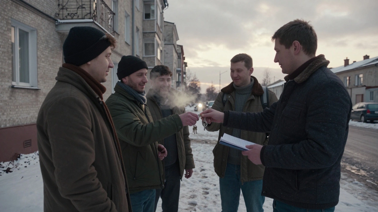 Смена охранников на рассвете у подъезда в Киеве, передача ключей.