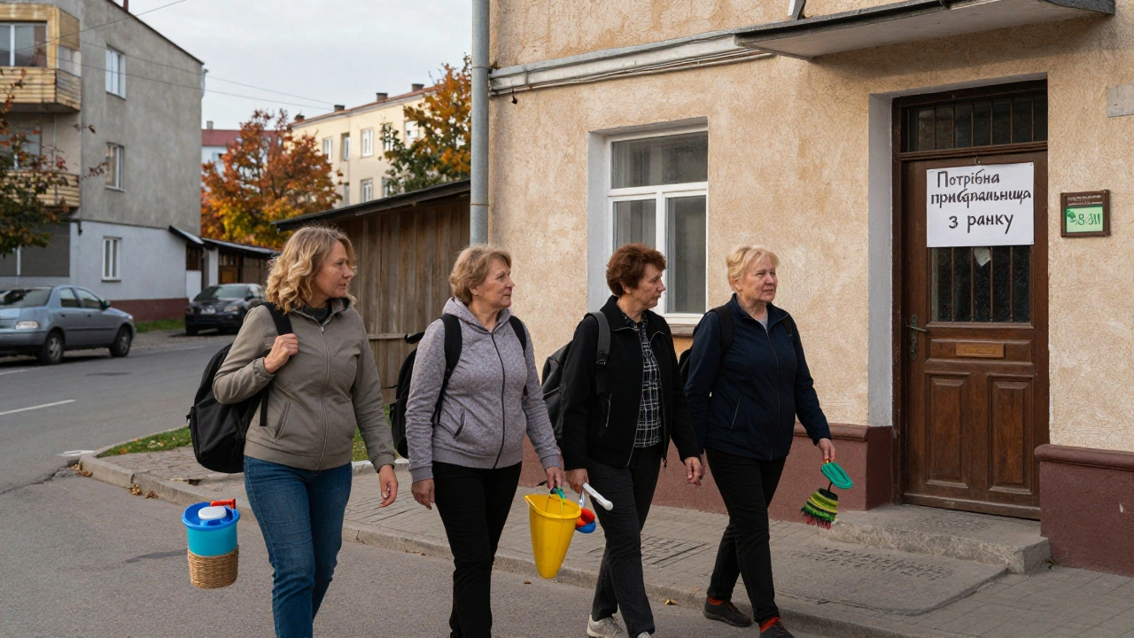 Три жінки з рюкзаками для прибирання йдуть вулицею Троещини, бачать дошку з вакансією.