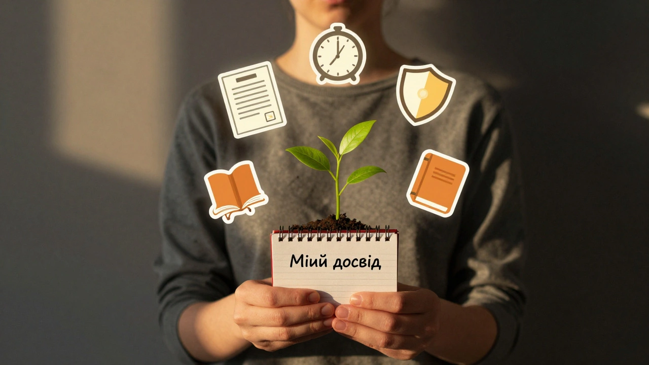 Юнак тримає зошит із символами праці, освіти та прав, навколо — світло, що витікає з досвіду.