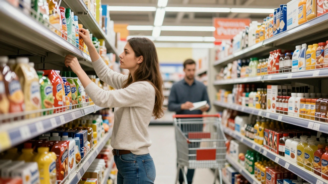 Женщина раскладывает товары в супермаркете и получает наличные.