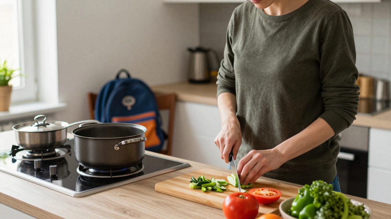Жінка готує обід на кухні в Києві, на столі овочі, на стільці рюкзак дитини, атмосфера спокою та побуту.