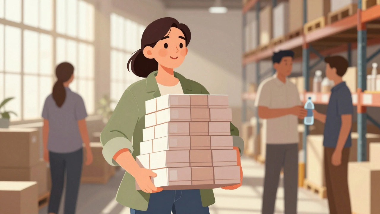 Жінка несе коробки з косметикою по складу, сонячний світло, інші працівники навколо.
