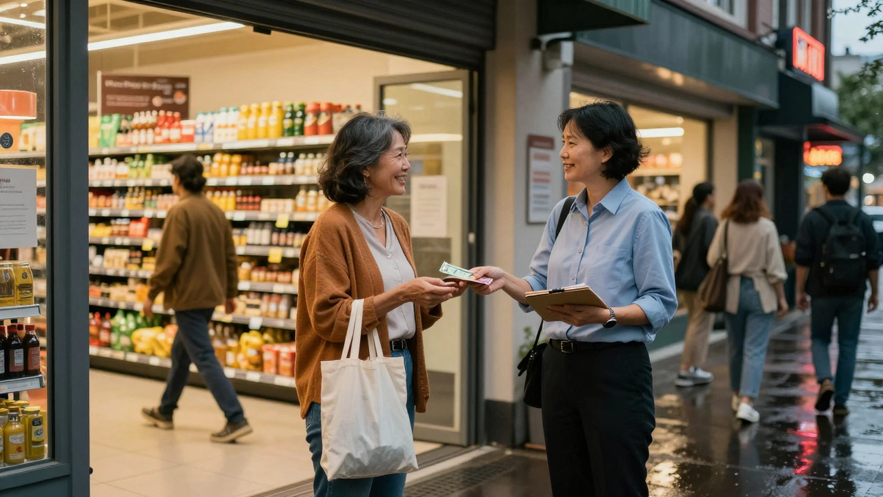 Жінка отримує готівку в кінці зміни біля входу в супермаркет, позаду — полиці з продуктами.