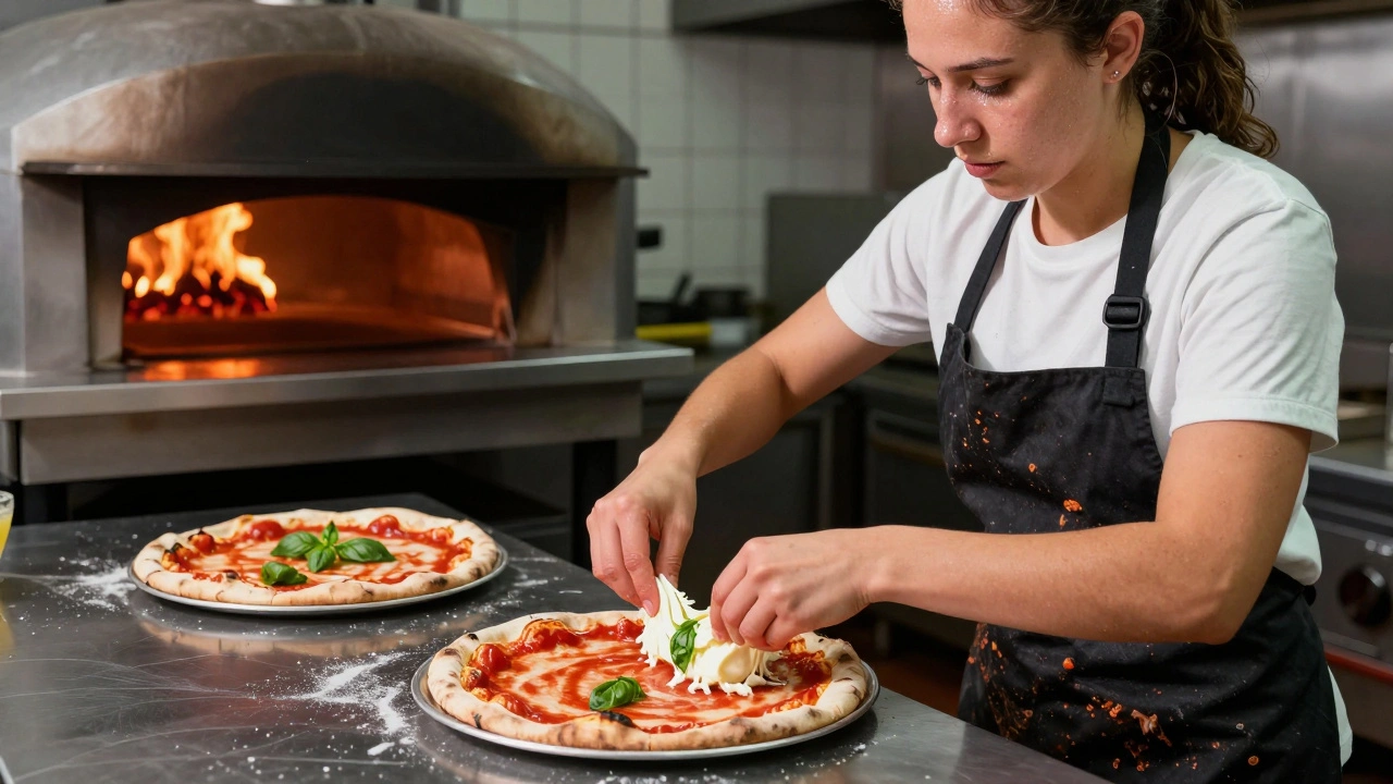 Жінка-піццайоло швидко складає піцу, за нею — золотиста піца, що виходить з розжареної печі.