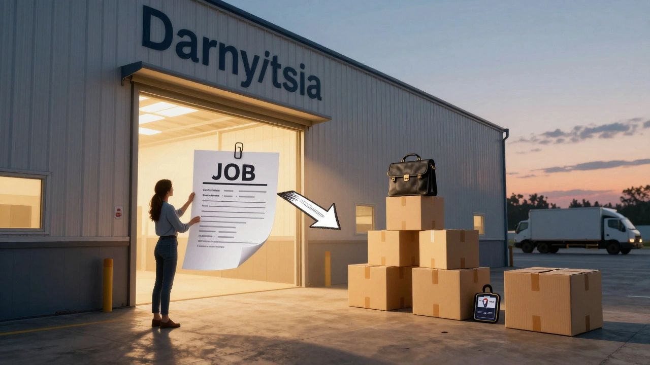 Жінка стоїть перед складом, тримаючи лист з вакансією, а за нею — шлях до кращої роботи.