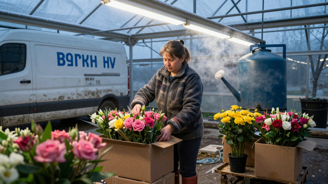 Жінка у робочому одязі пакує квіти в коробки ранком у теплиці біля Києва.