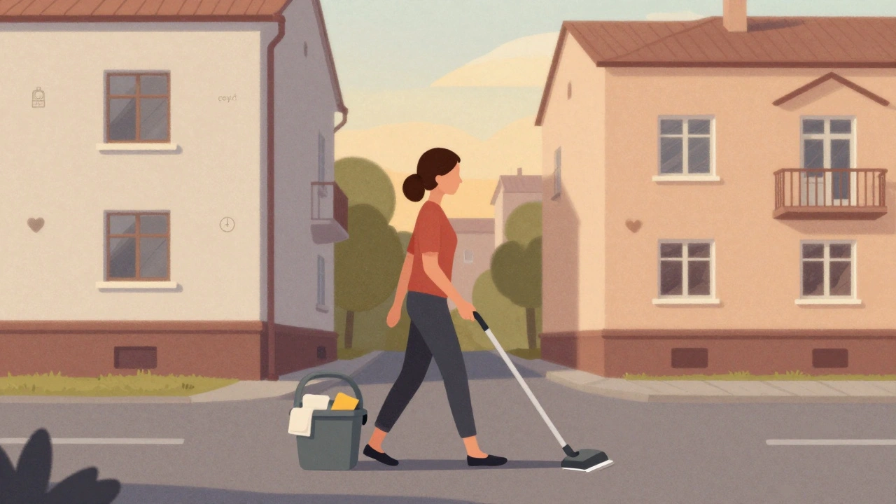 Жінка з інструментами для прибирання йде вулицями Києва до клієнтів, символічні будинки на тлі.