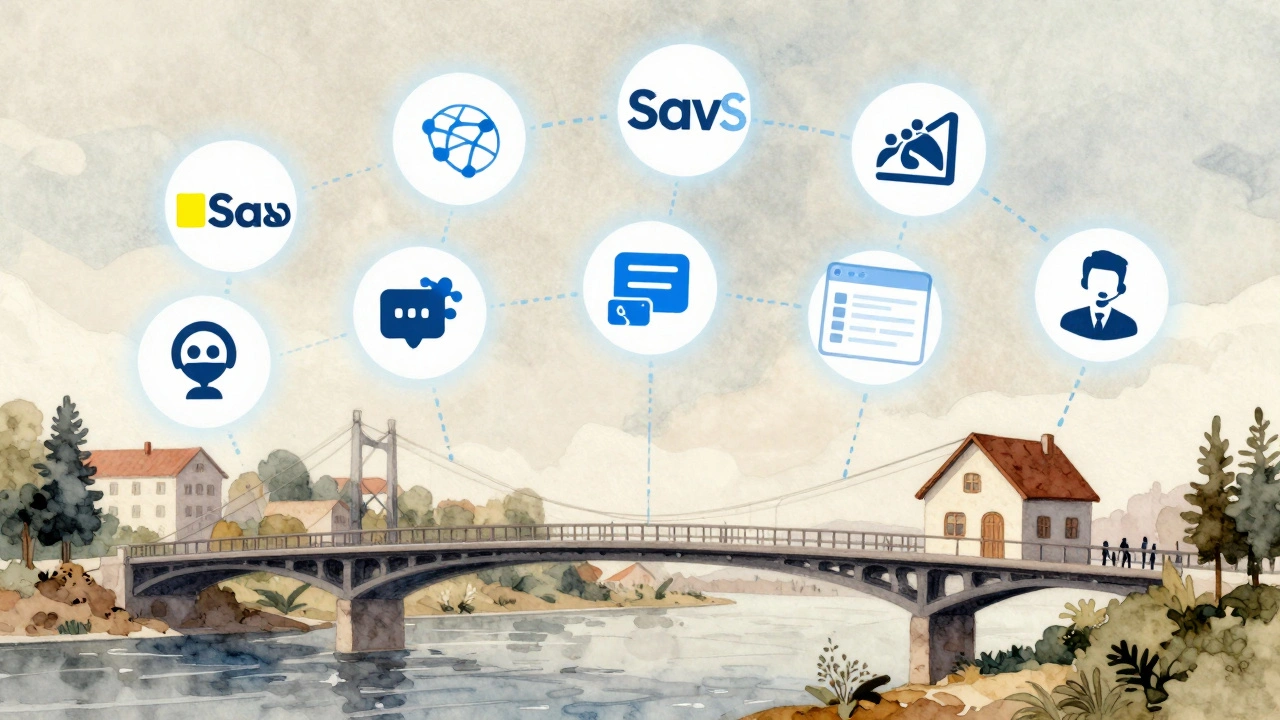 Цифровий міст з’єднує дім у Києві з міжнародними компаніями, символізуючи віддалену роботу.