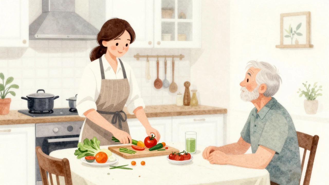 Домогосподарка готує страву на кухні, стара людина сидить за столом