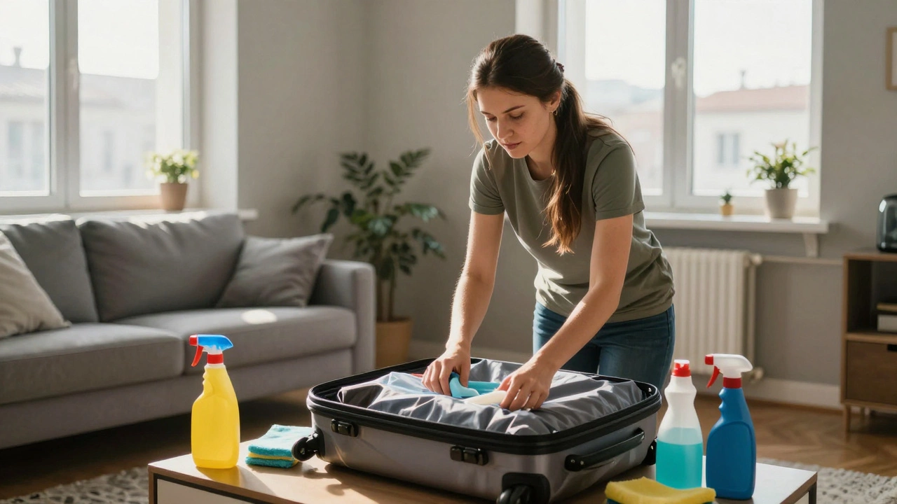 Домогосподарка збирає валізу для вахтової роботи в Києві