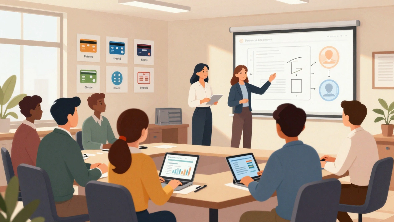 Група нових працівників на навчанні в банку, дивляться на таблицю з фінансовими поняттями.