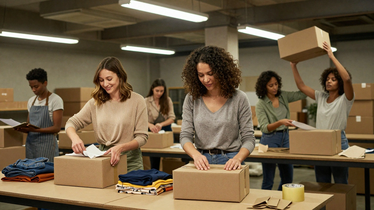 Група жінок працює на складі, упаковуючи одяг і подарунки, усміхаючись один одному.