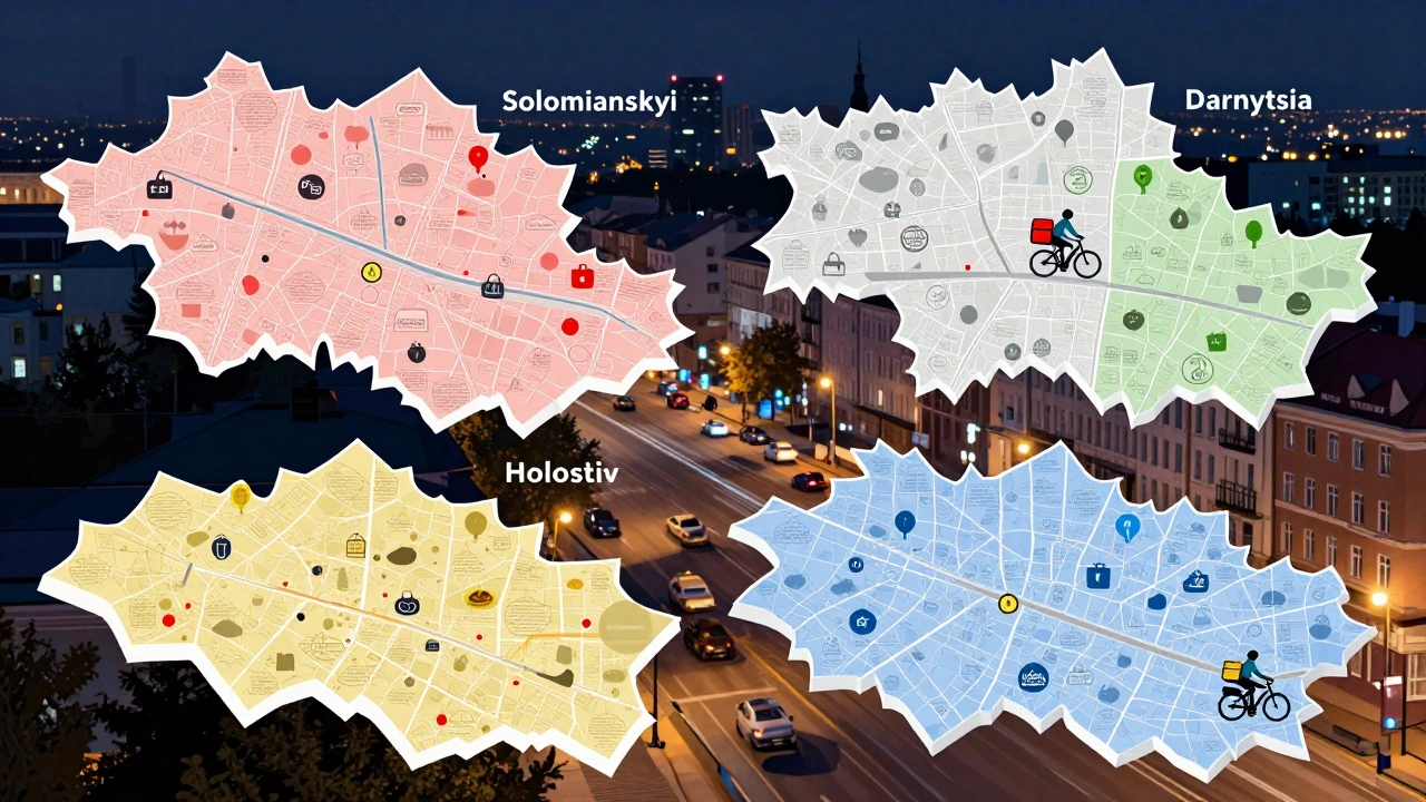Карта чотирьох районів Києва з відображенням щільності доставок кур'єрів на велосипеді та авто.