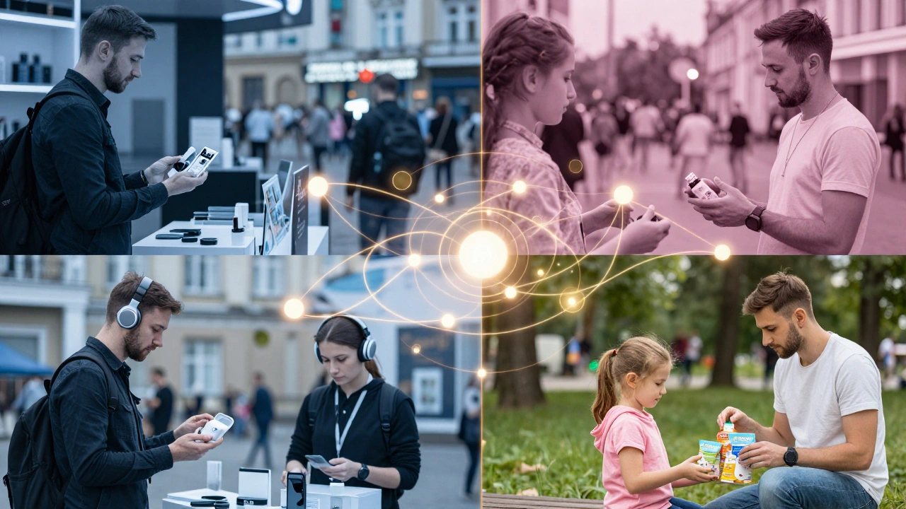 Колаж із промоутерами у різних локаціях Києва: ТРЦ, виставка, парк.