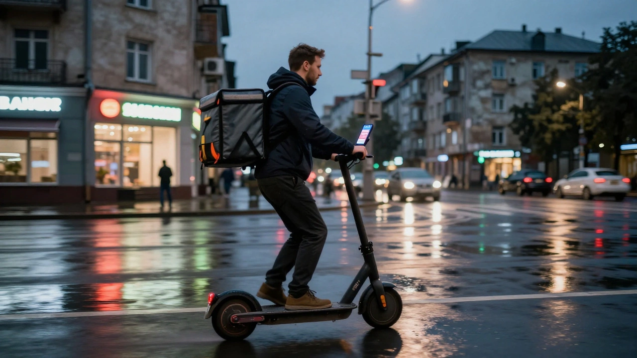 Кур'єр їде на електросамокаті з доставками ввечері по Києву