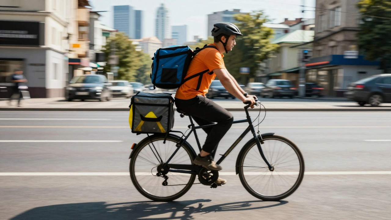 Кур'єр на велосипеді доставляє замовлення в Києві