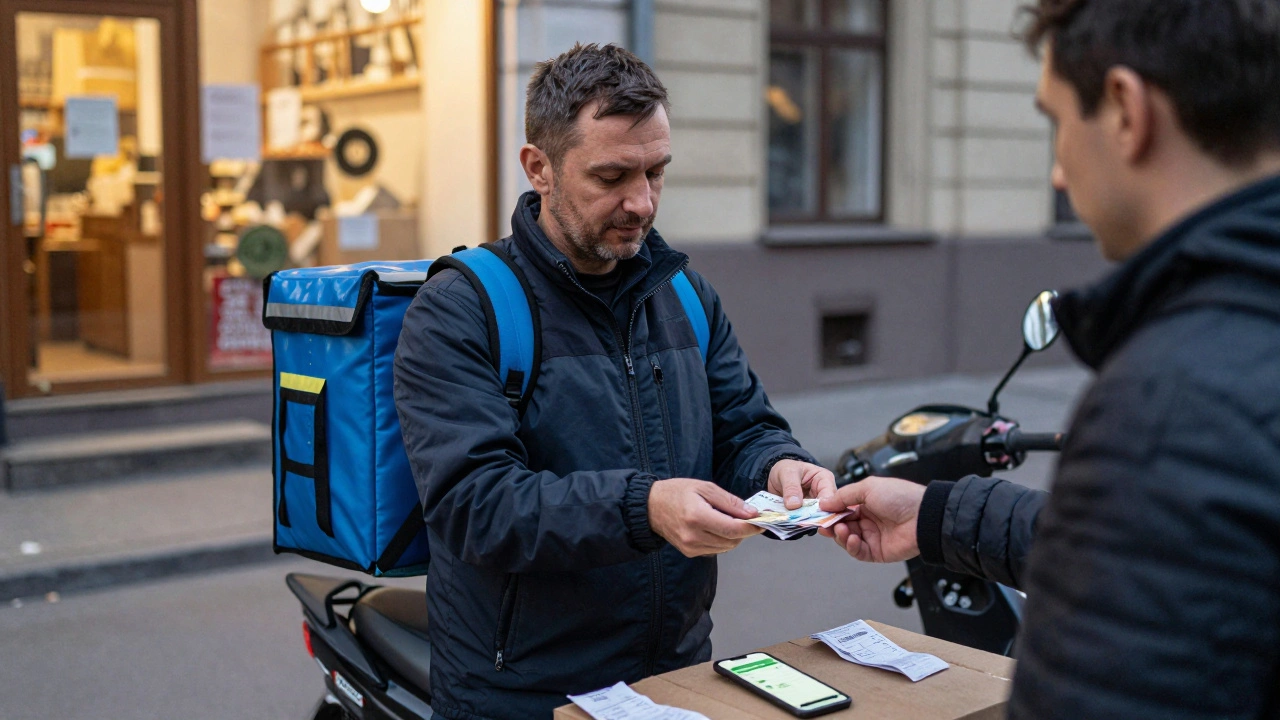 Кур'єр рахує готівку після вечірніх доставок, оточений сумками з посилками.