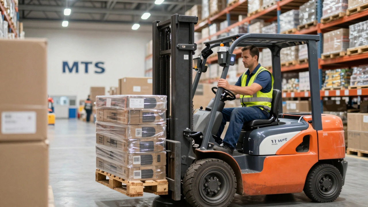 Логістик завантажує палети на складі МТС. Виробничий простір, підйомник, коробки.