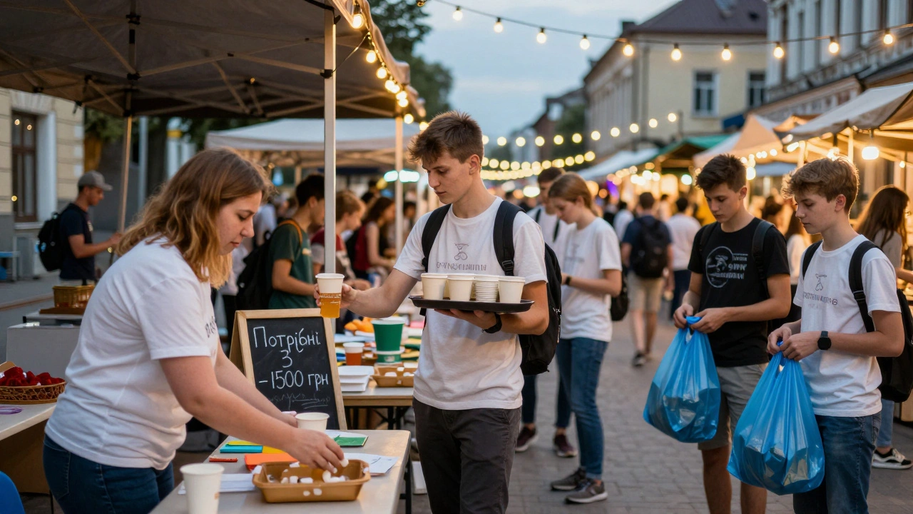 Люди допомагають на ярмарку в Києві: розносять напої та прибирають сміття під світлом ліхтарів.