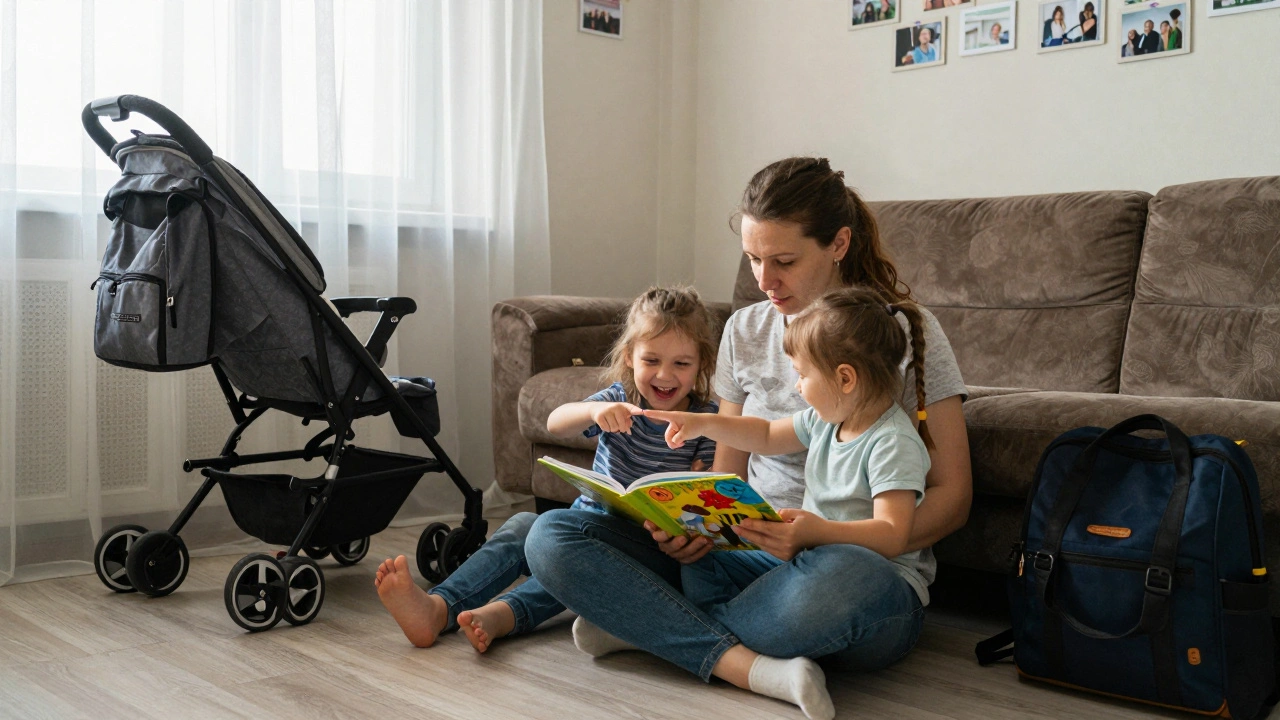 Няня читає книжку двом дітям у гостиній в Києві, сонячний день