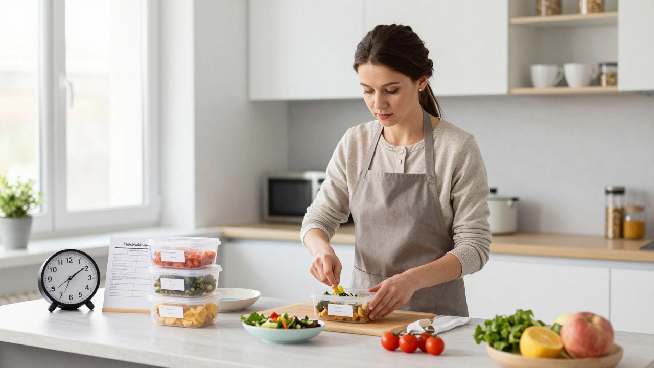 Няня готує їжу для дитини з дієтою в сучасній кухні з розписом лікаря.