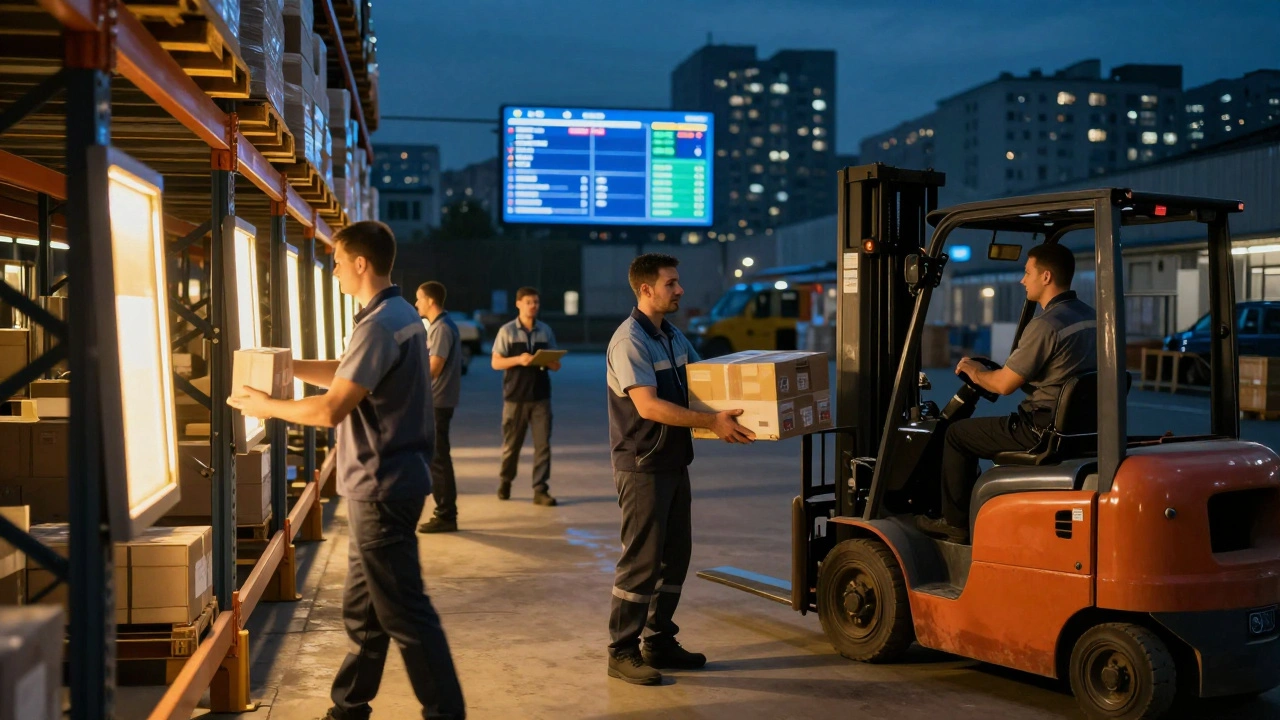 Нічна зміна на складі в Києві: робітники збирають замовлення, а дляklift підвозить коробки.