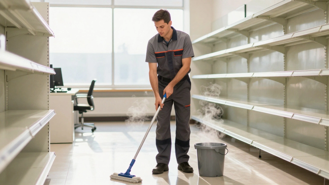 Прибиральник прибирає підлогу в супермаркеті рано вранці