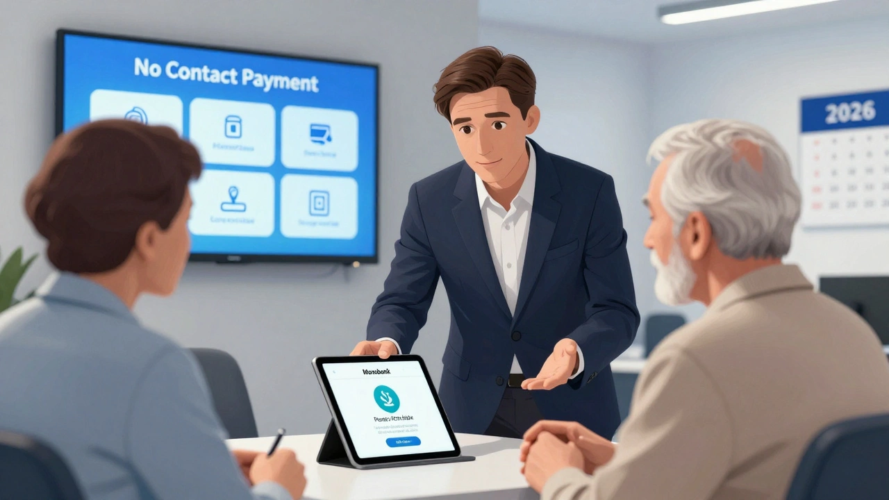 Промоутер у банку показує клієнту безконтактну оплату на планшеті.