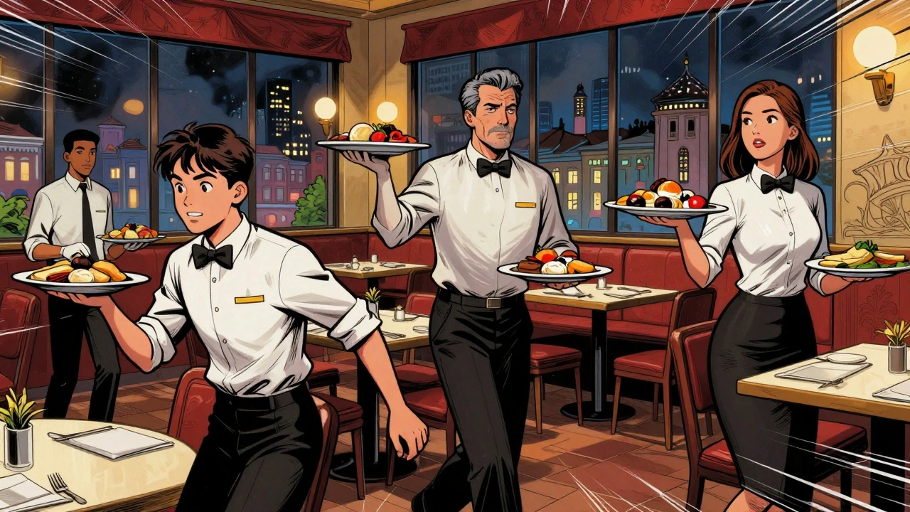 Різні офіціянти в робочій команді серед живого ресторану в Києві.