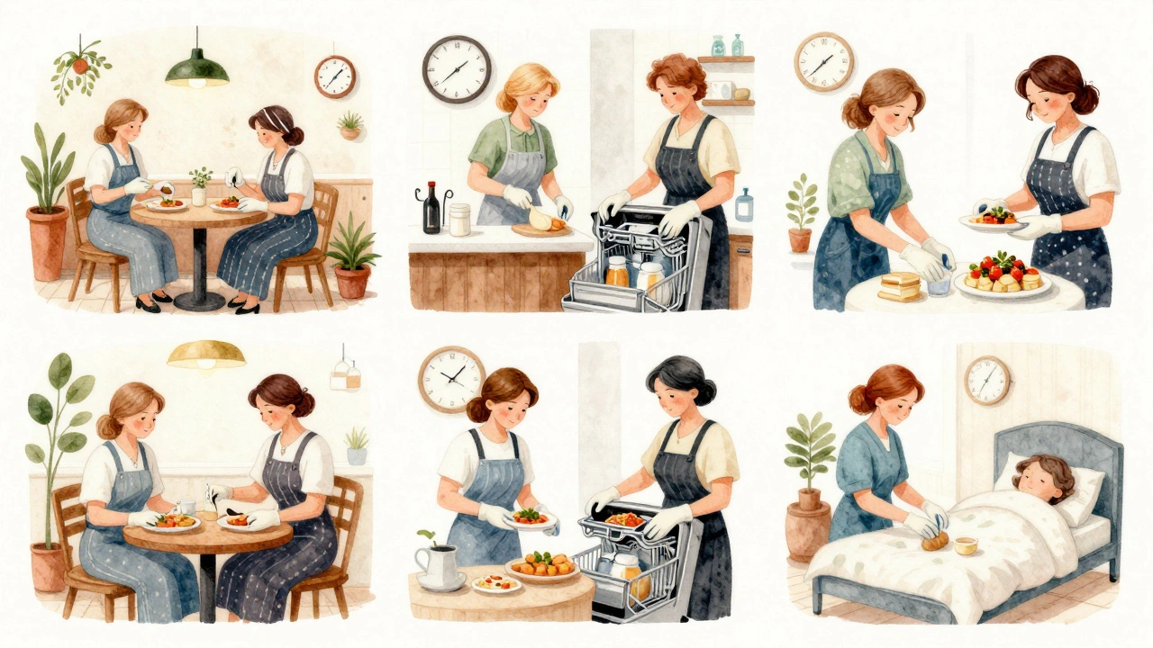 Різні жінки різного віку працюють посудомийщицями в різних закладах Києва.