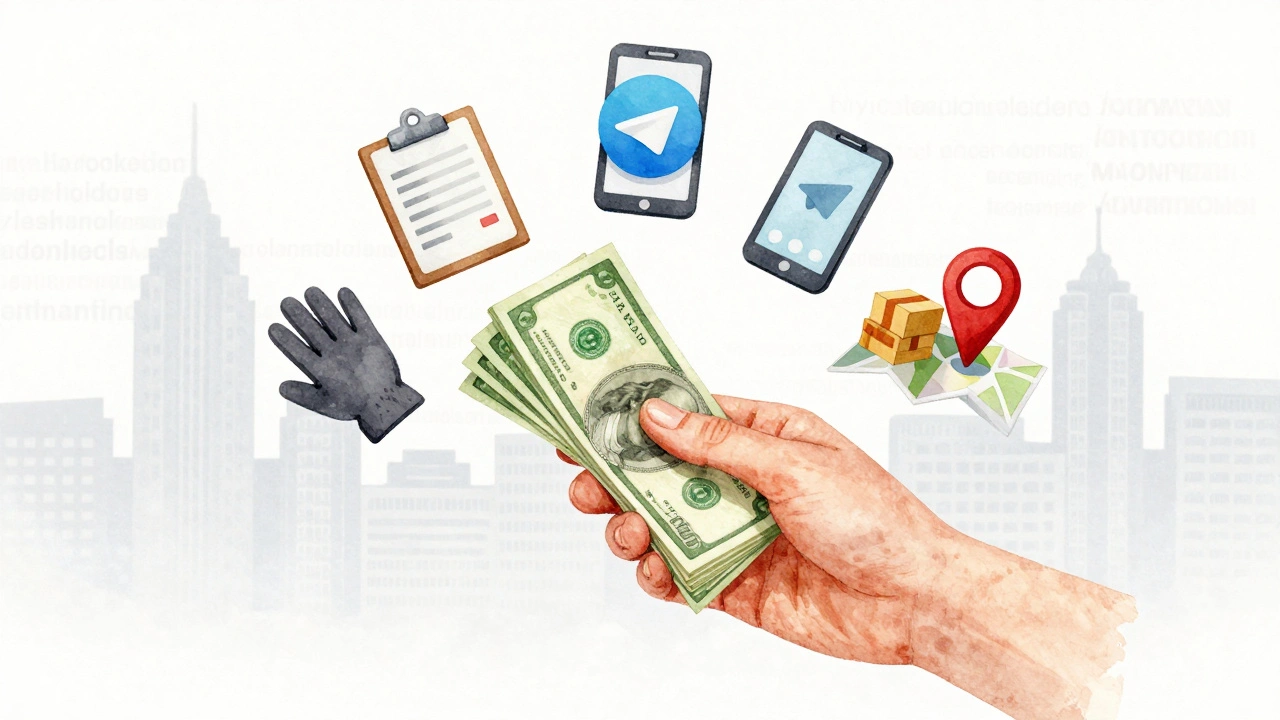 Рука тримає готівку, навколо — символи одноразової роботи: телефон, коробки, рукавички, карта Києва.