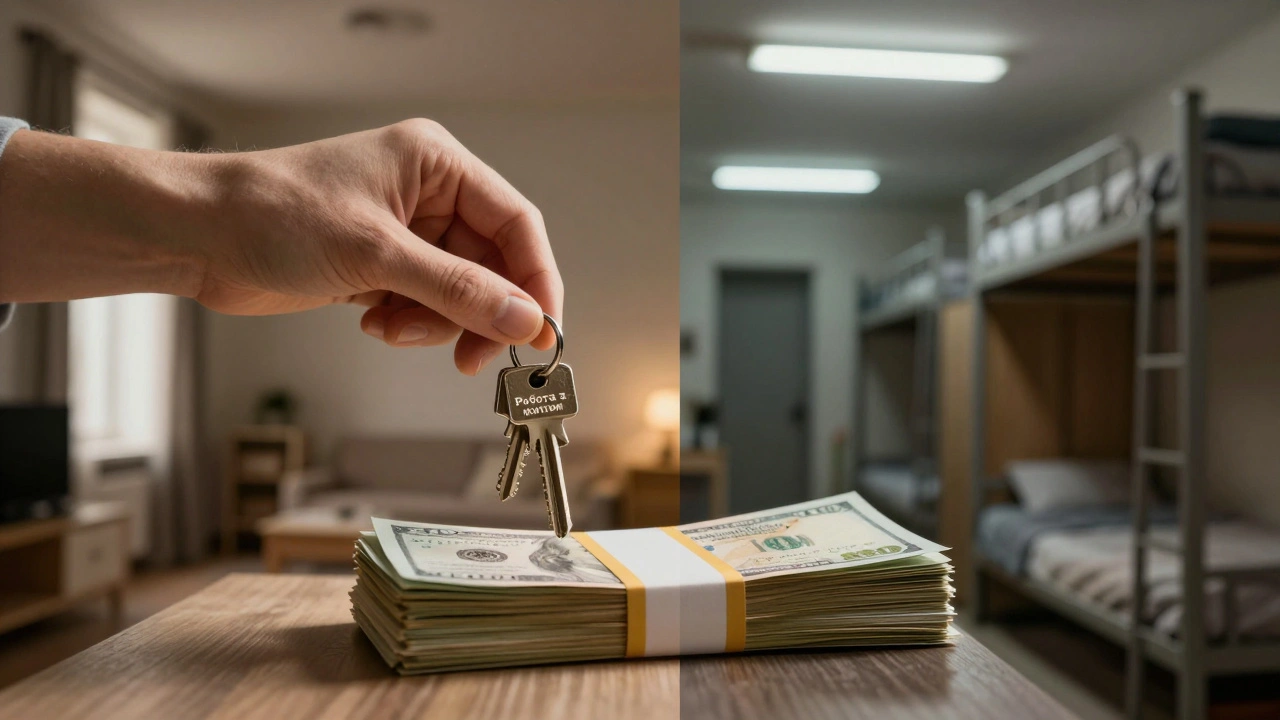 Рука тримає ключ і гроші — одна сторона образу показує комфортне житло, інша — переповнений гуртожиток.