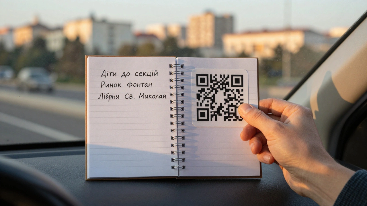 Рука тримає QR-код для оплати на лобовому склі авто з маршрутами доставки