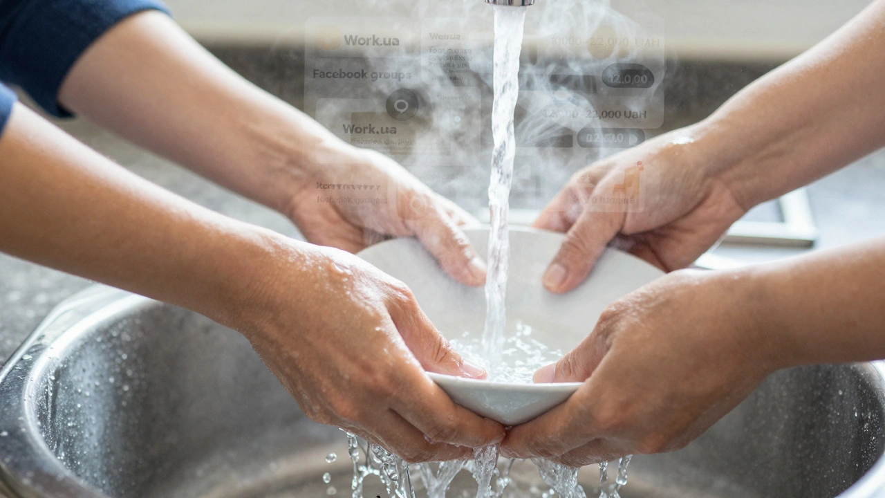 Руки двох жінок миють посуд, навколо — елементи вакансій та зарплат.