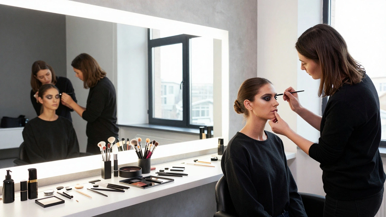 Візажистка працює над моделлю під студійними лампами в сучасному київському студійному просторі.