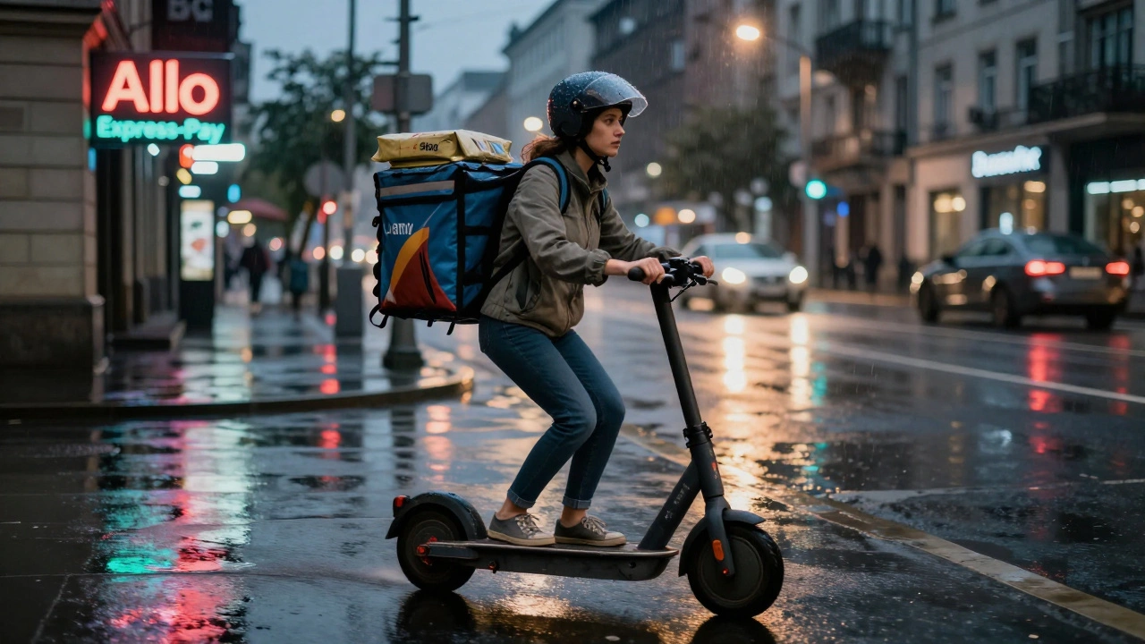 Жінка на електросамокаті доставляє замовлення вночі біля метро Дарниця
